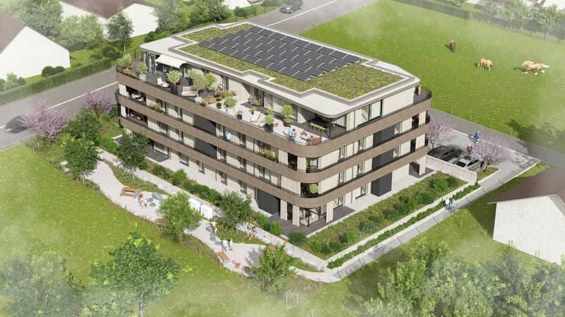 4 story building, solar panels on the roof, balconies, green roof, garden, parking