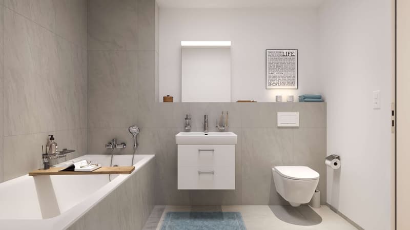 modern bathroom with bathtub, sink, toilet, mirror, open shelves, tiled walls, white toilet, white sink