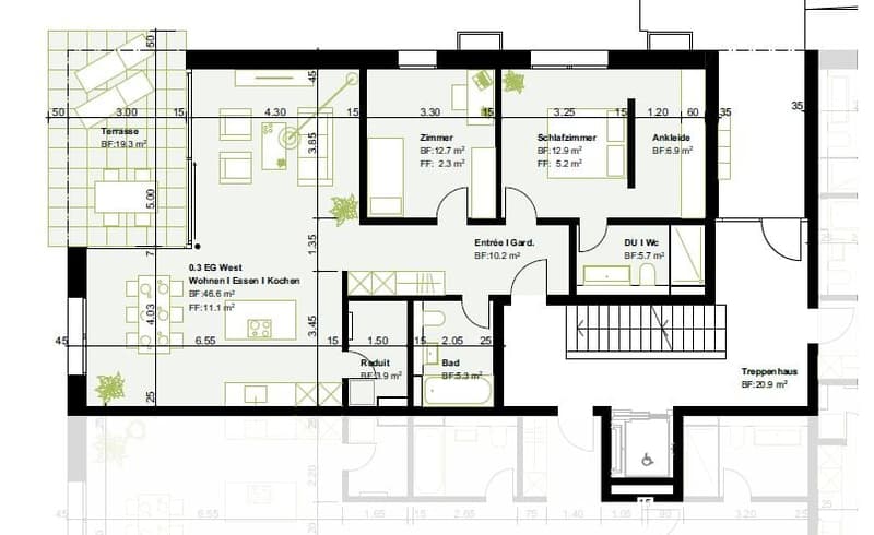 Living room, kitchen, 3 bedrooms, 2 bathrooms, balcony, entrance, garden, bathroom, utility room, hallway, stairs