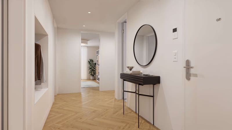Entryway, hallway with wooden floor, large mirror, entryway table, wall switch, coat hooks