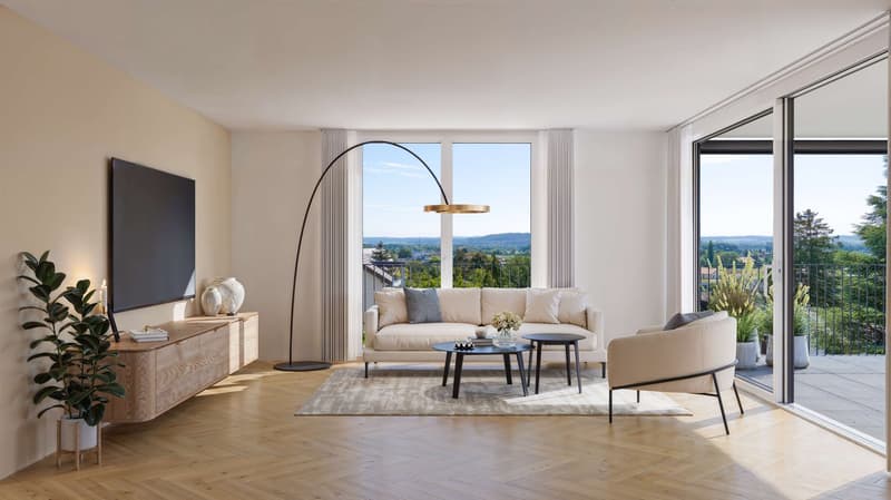 modern living room, white couch, coffee tables, floor lamp, large windows, balcony, wooden floor, plants