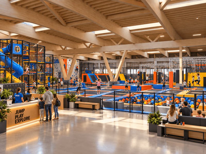 Heller Familien-Trampolinpark im Holzbau