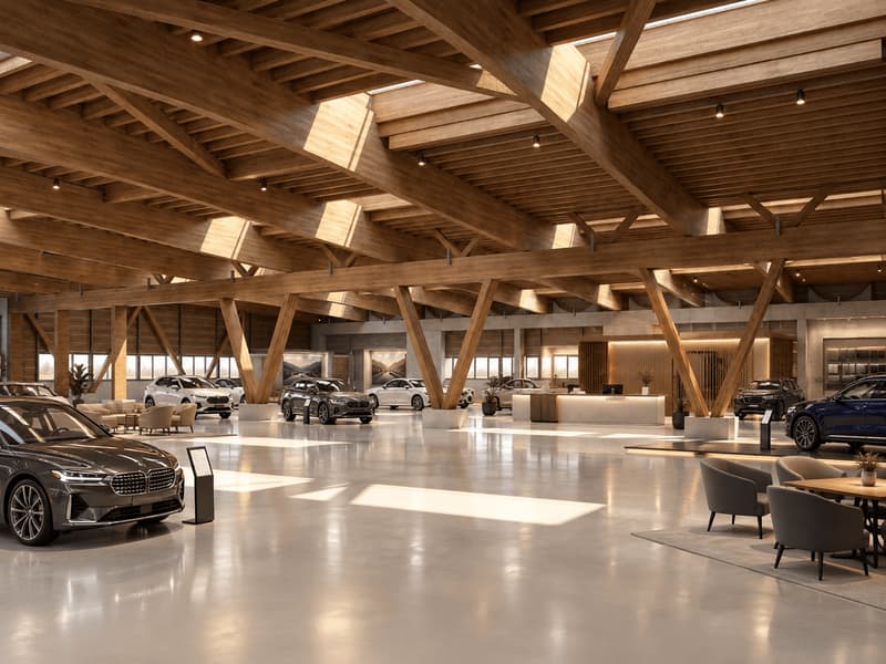 Luxuriöser Autosalon im Holzbau