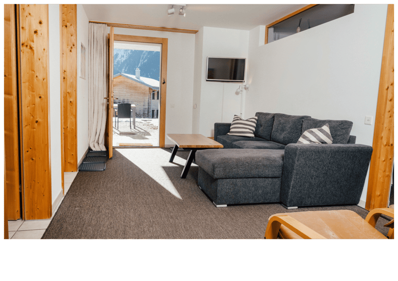 living room with sofa, coffee table, TV, carpet, wooden wall, balcony, view