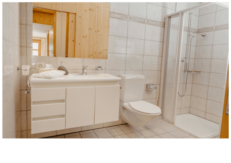 white tiles, white sink, white toilet, shower, mirror, wooden wall
