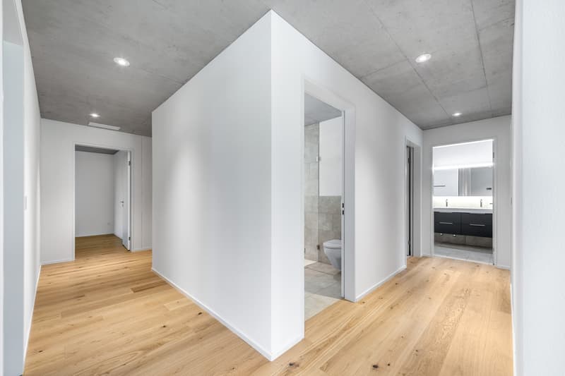 White walls, white ceiling, hardwood floors, open bathroom with toilet visible.