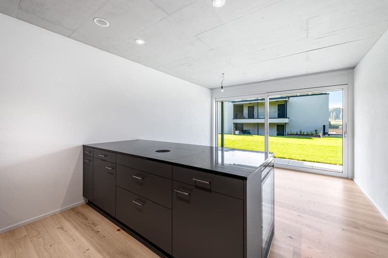 Contemporary kitchen island with black granite top, modern cabinet drawers, white walls, wood flooring, full-length glass sliding door with a view to the outside green area