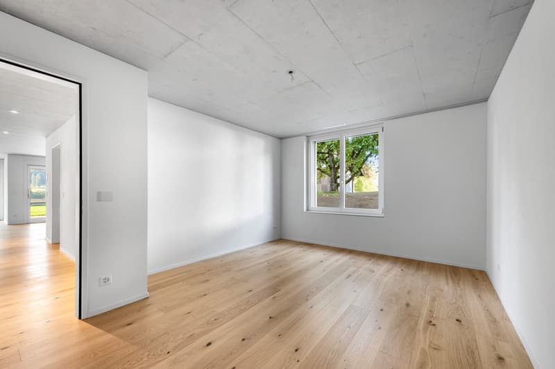 Empty room with white walls, wooden floor, large glass window facing outside