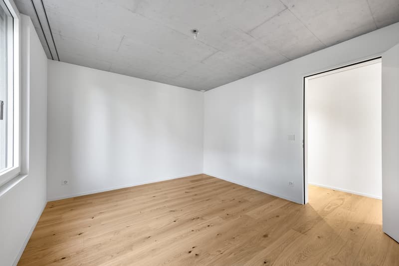 Unfurnished room, wooden floor, white walls, glass window, modern lighting