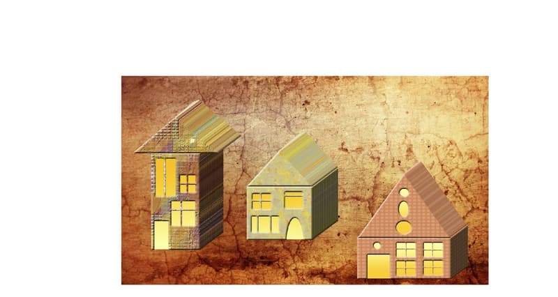 Three different floor plans of houses, each with a different design and color scheme