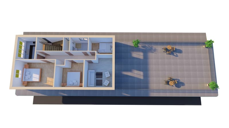 open floor plan, living room, bedroom, kitchen, balcony