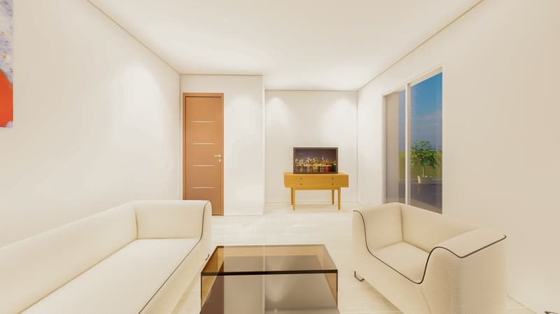 Modern minimalist living room with two sofas, wooden cabinet, TV, white walls, white tiles, glass coffee table, door leading to other areas, and a large window with a scenic view