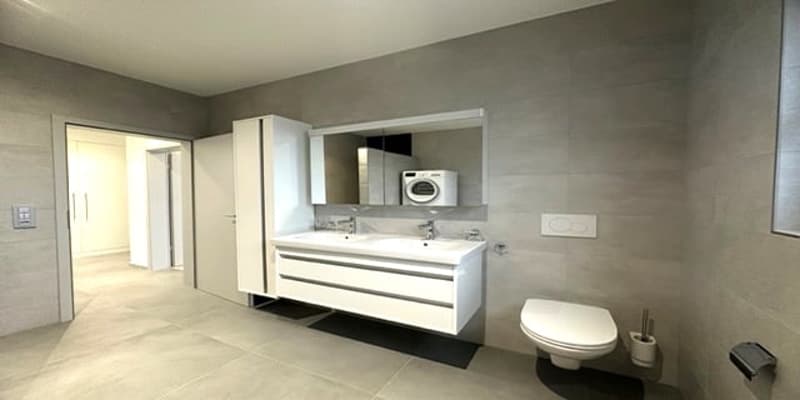 Double sink, toilet, large mirror, built-in toilet paper holder, tiled floor, towel holder, underfloor heating
