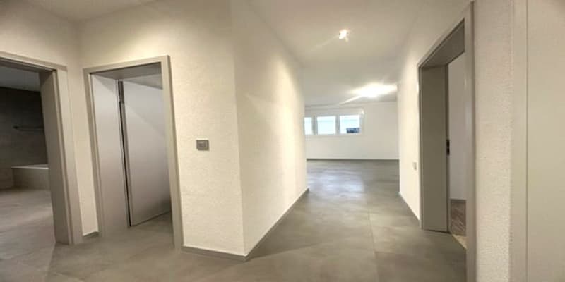 Concrete floor, white walls, two elevators, windows