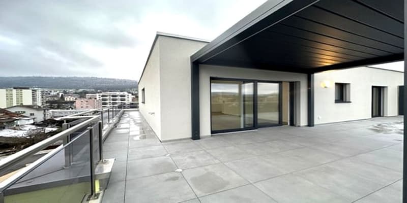 modern building, balcony, glass sliding doors, tiled floor, metal railings