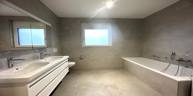 modern bathroom, double sink, bathtub, toilet, large windows