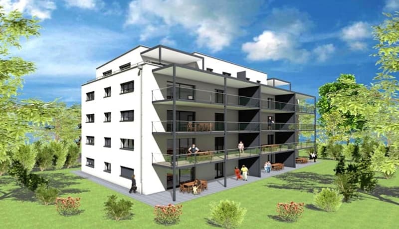 multi-story building with balconies and terraces, white exterior, modern design, multiple windows, large lawn