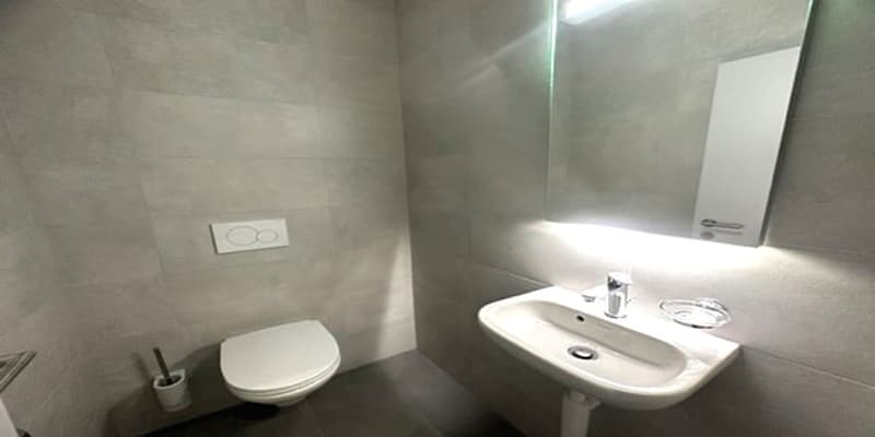 modern bathroom, white tiles, white toilet, white sink, mirror with light