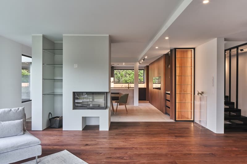 modern design, fireplace, wooden floor, white walls, gray couch, glass shelves, dining table, green chair