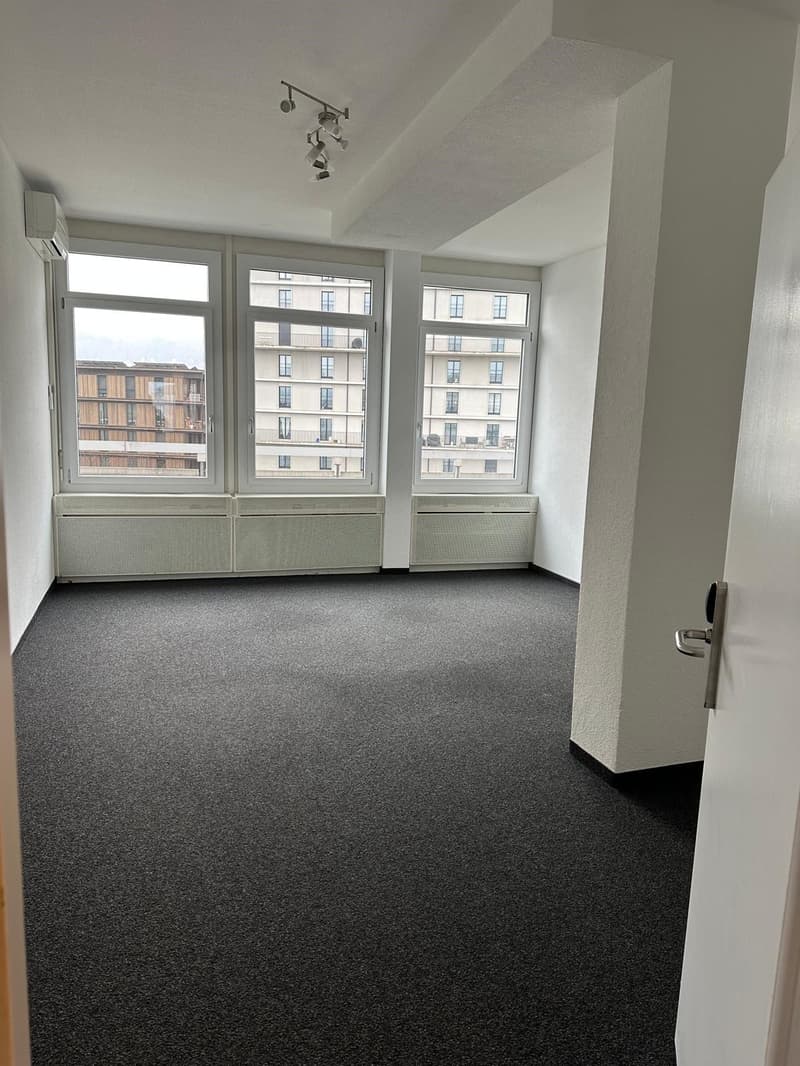 This image shows an empty room with large windows overlooking a city skyline. The room has white walls, a grey carpeted floor, and a track lighting fixture on the ceiling. The room appears to be a living or office space.