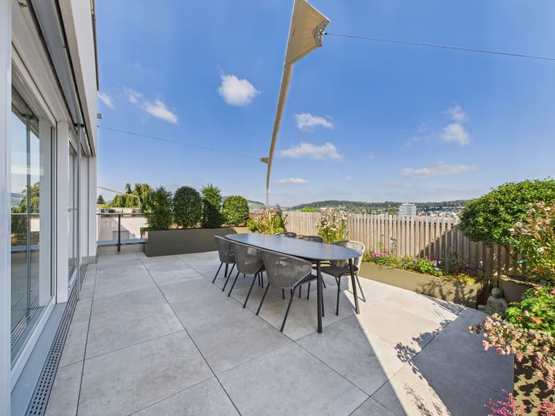 A paved terrace with outdoor dining set and garden on a sunny day.