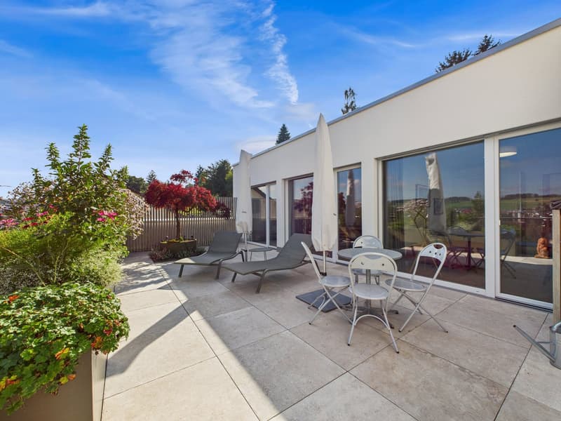 Outdoor patio with tiled floor, patio chairs, and an umbrella, garden plants, and a garden with a fence and plants.