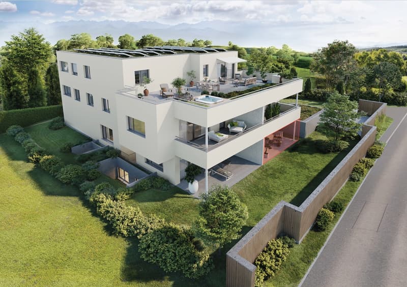 Two-story house with solar panels, raised ground floor, balcony with pool, terrace with furniture, garden with plants, mountain view.