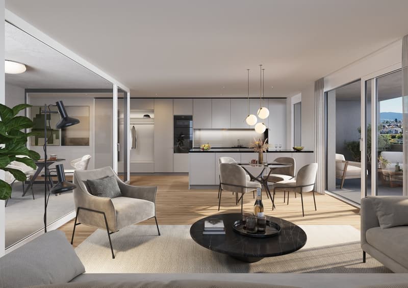 contemporary open plan living room and dining room, wooden floors, white cabinets, sliding doors to balcony, modern fixtures