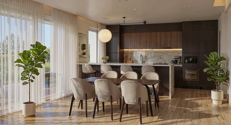 a dining area in a kitchen with a wooden table, chairs, a marble counter, a wooden cabinet with kitchen utensils, and plants