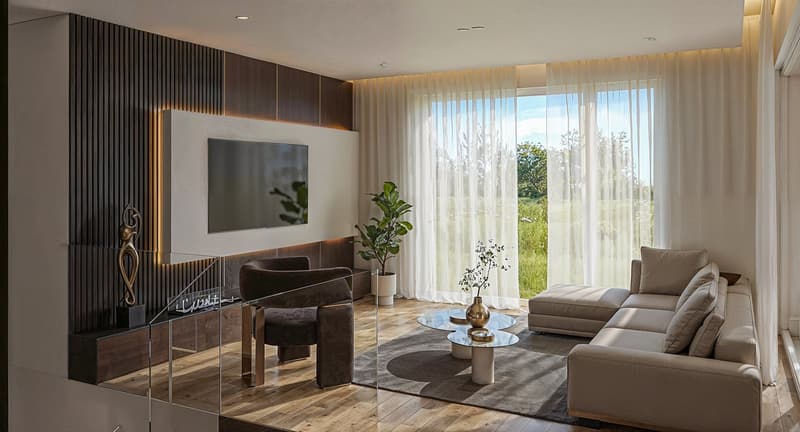 wooden floor, sofa, glass table, TV, chairs, glass partition, curtains, plants, open view