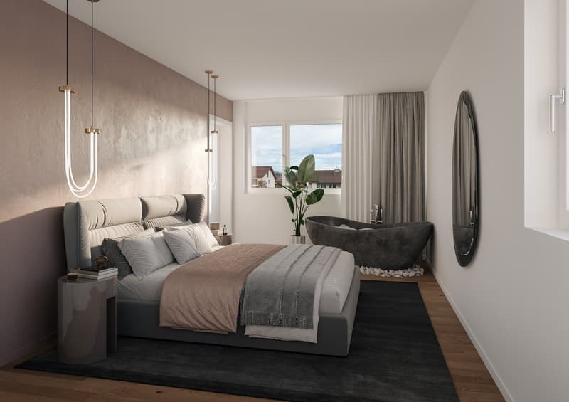 Master bedroom with a large bed, beige walls, wooden floor, a free-standing bathtub, and a window with a city view.