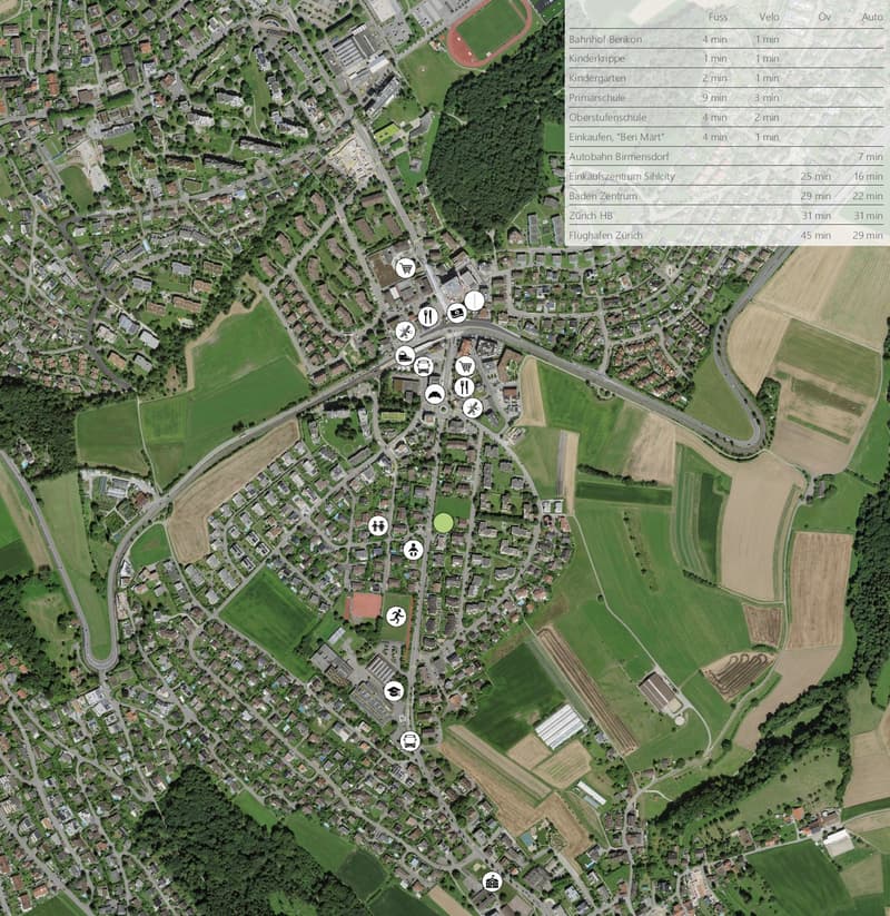Aerial view of the neighbourhood showing roads, houses, trees, and landmarks.