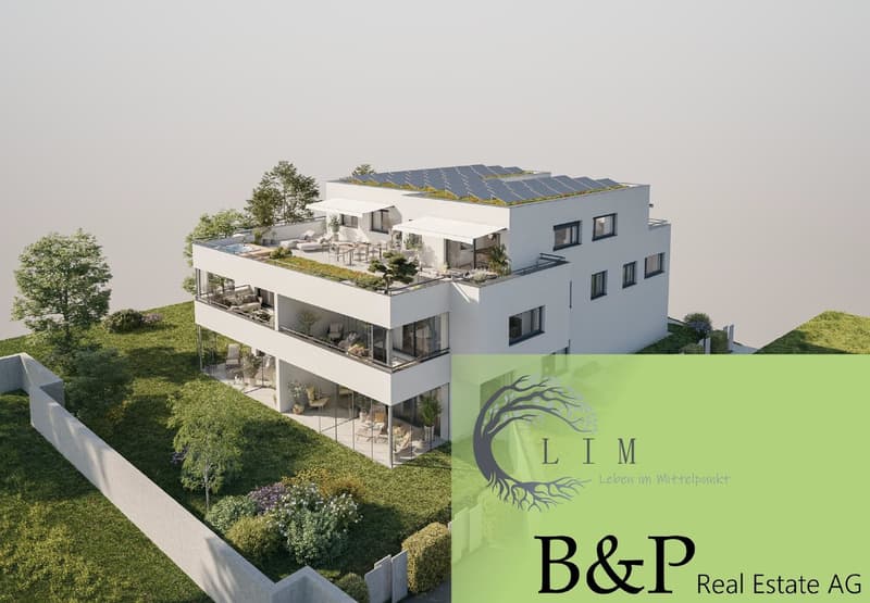 Two-story house, white exterior, solar panels on the roof, multiple balconies, garden area with a rooftop terrace, greenery, and outdoor seating