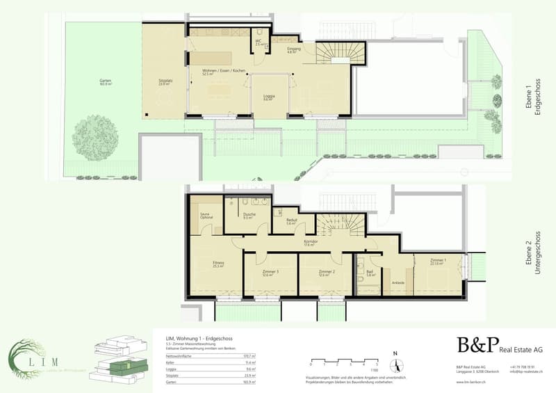 1st floor: living room, dining room, kitchen, 3 bedrooms, 2 bathrooms, balcony, sauna, fitness room, entrance hall