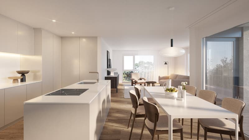 white kitchen with island, dining table and chairs, lamps, beige couch in the living room, large glass windows