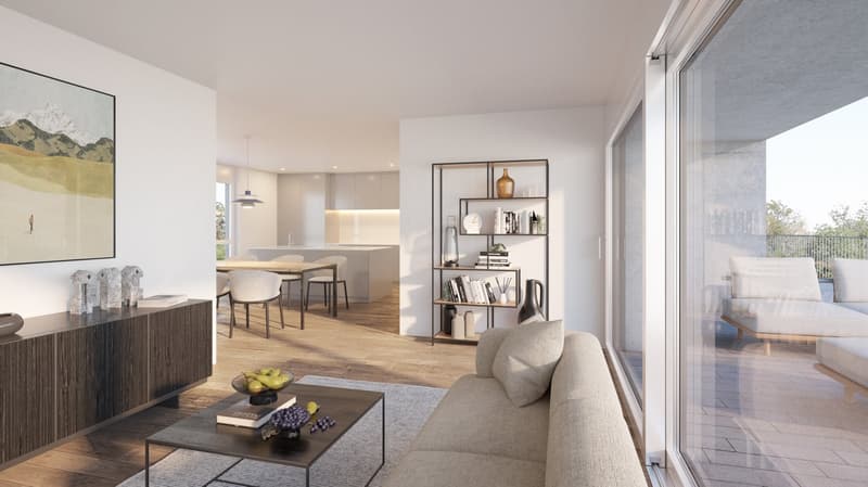 Wooden floors, modern living area, large windows, sofa, coffee table, cabinet, dining area, glass walls