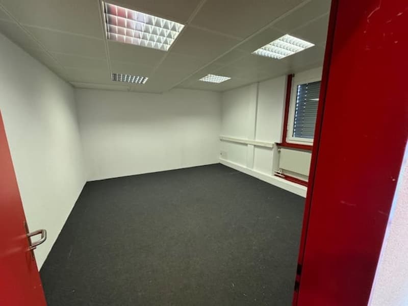 Empty office with white walls, black carpet, white ceiling, red door, window with blinds, white radiator