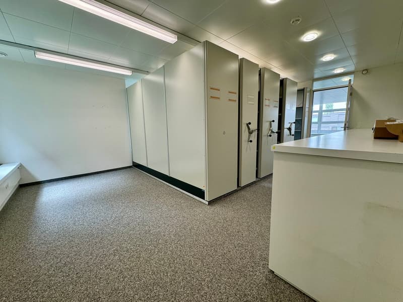 empty room, high ceiling, large cupboards, carpeted floor, white walls, ceiling lights