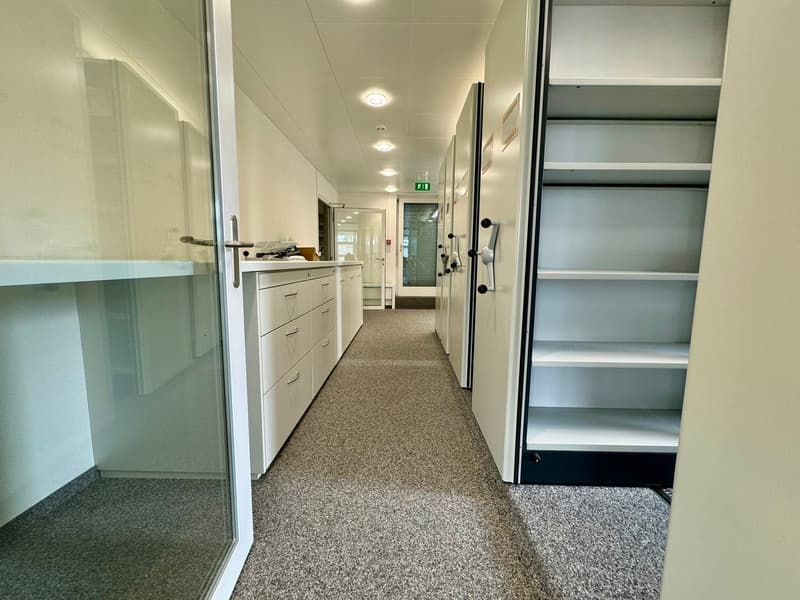 The image shows a long, narrow hallway with white walls, a carpeted floor, and recessed lighting in the ceiling. There are several doors and cabinets along the walls, as well as a glass door that appears to lead to another room. The hallway has a clean, m