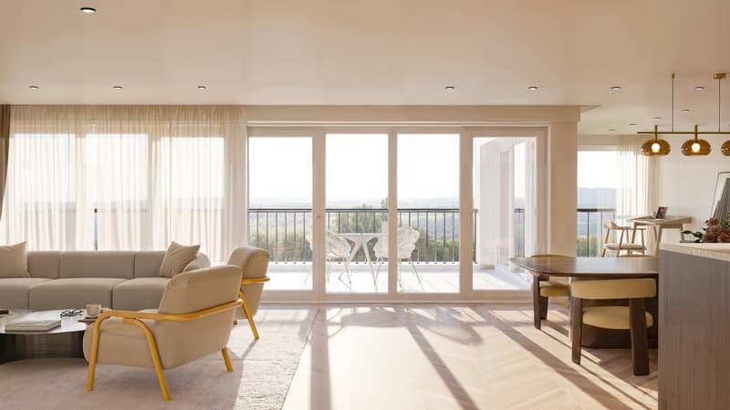 Balcony with glass sliding doors, large windows, beige sofa, coffee table, wooden floor, hanging lamps, modern furnishings