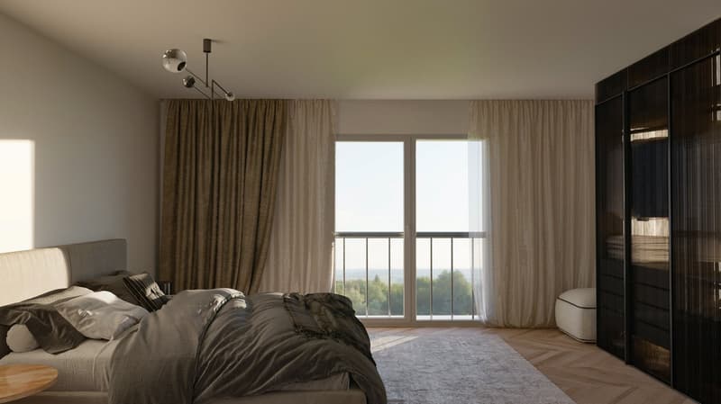 Bed with blankets and pillows, bedside tables, large glass window with balcony, wardrobe, decorative lights, beige curtains