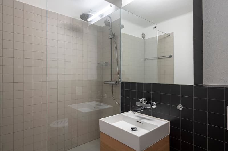 modern bathroom with glass shower enclosure, white sink, black tiled walls, silver fixtures