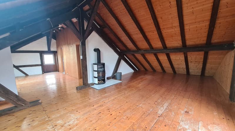 Empty room, wooden floor, wooden ceiling, fireplace