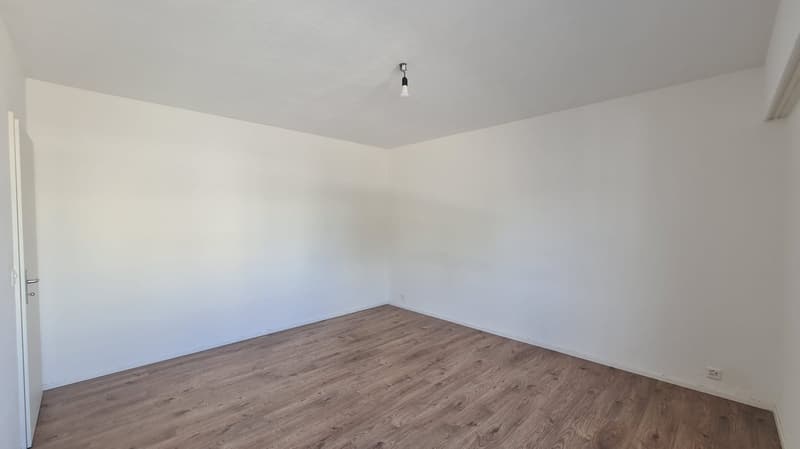 empty room, white walls, wooden floor, single light fixture