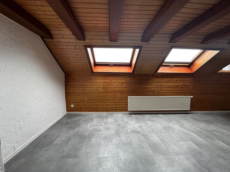 empty room, wooden ceiling, wooden walls, white wall, white floor, white radiator, two skylights