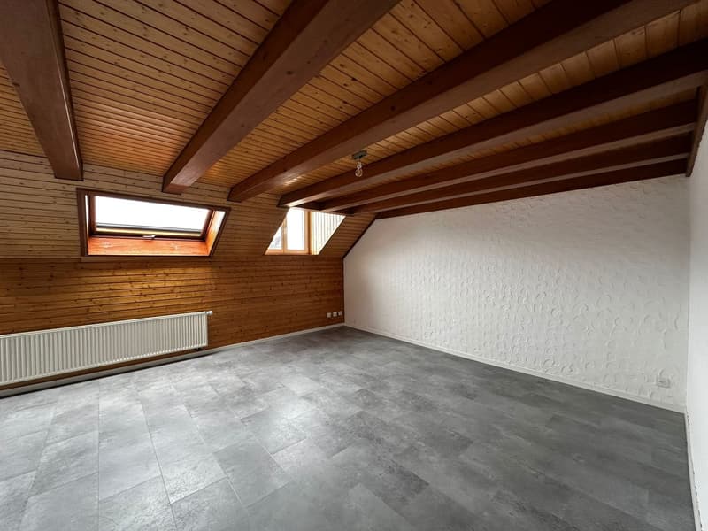 empty room, wooden ceiling, white walls, gray tiles, radiator, two windows