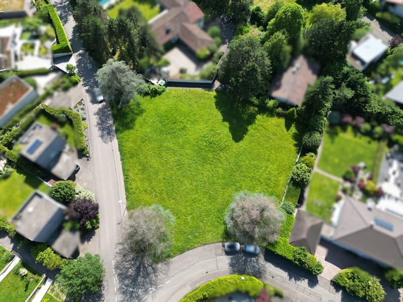 The image shows an aerial view of a residential area with lush green landscaping. There is a large grassy area surrounded by trees and shrubs, with houses and buildings visible in the background. The scene appears to be a well-maintained and landscaped ne
