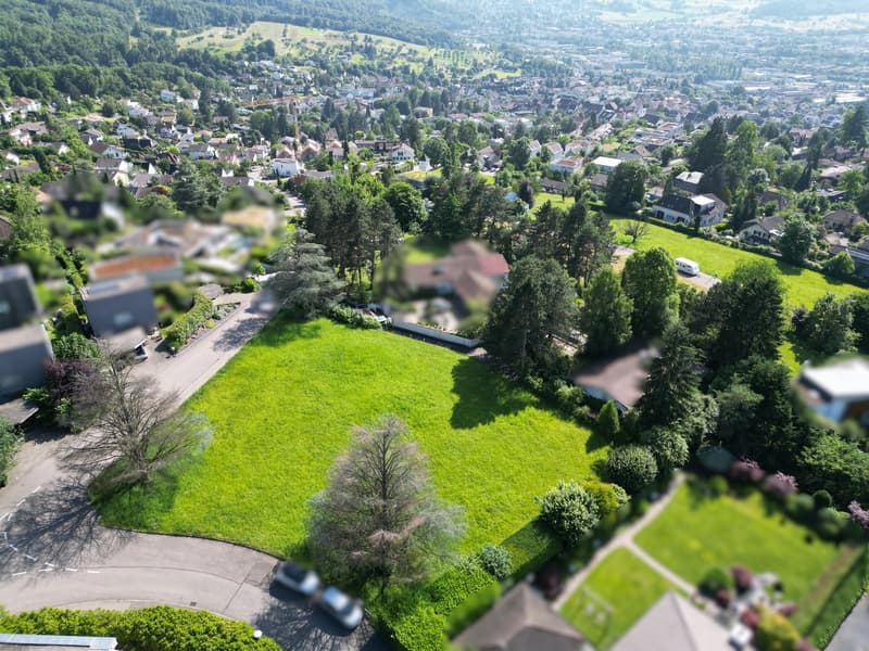 Aerial view of a large green plot of land with trees and shrubs, a neighborhood in the background, and a view of the mountains.
