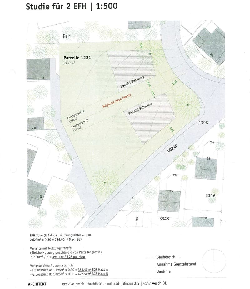 Study for a 2-family house with a scale of 1:500, different plot options, zoning information, and builder notes.