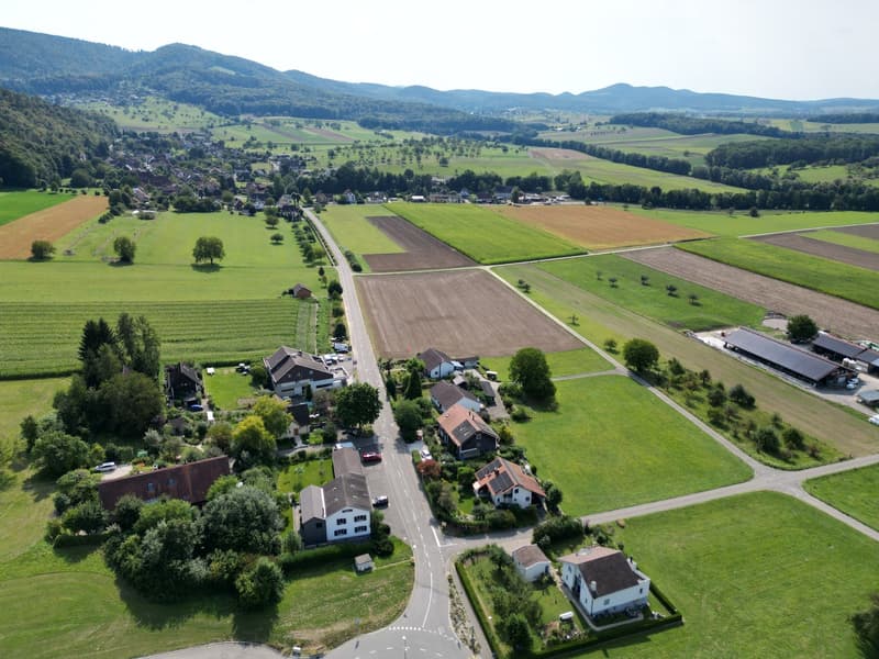 Aerial view of a rural area with several houses, green fields, and a road.